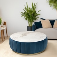 Brit Round Upholstered Coffee Table With Ms Base In Gold Colour & White Stone Top