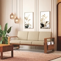 Moreno 3 Seater Solid Wood Sofa in Amber Walnut Finish and Almond Beige Fabric