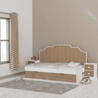 Pillowcastle Sofa Cum Bed Upholstered Bed With Brown Upholstered Panels At The Back In White and Brown Colour