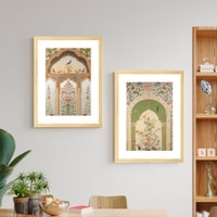 Mughal Jharokha Set of 2 Framed Posters Peacock Floral Art 45x60 cm
