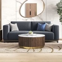 Aurora Round White Marble And Solid Wood Coffee Table In Java Walnut Finish