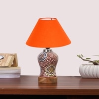 Devansh Conical Orange Cotton Shade Lamp With Wood & Mosaic Glass Base For Decoration/Office/Home/Gifting/Study For Decoration/Office/Home/Gifting/Study -(10X10X14.5) Inches -A