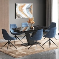 Caribu 4 To 6 Extendable Dining Table With Set Of 6 Doris Swivel Accent Chairs (Colour- Blue, Finish- Black High Gloss)