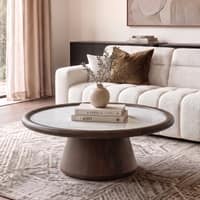 Lazo Solid Wood And Aravali Marble Circular Coffee Table In Dark Chestnut Finish