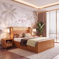Fiji Wingback Cane and Solid Wood King Size Hydraulic-Storage Bed in Nappa tan Leatherette