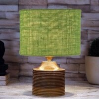 Thea Green Jute Table Lamp with Natural Wood Base