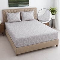 Creamy Beige floral Cotton  400 Tc Fitted  Super King Size Bedsheet With 2 Pillow Covers