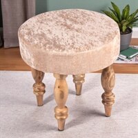 Roswell Sheesham Wood   Round Stool in Beige Sparkle Velvet Upholstery