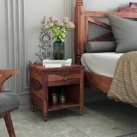 TurningSolid Wood  Bedside Table in Teak Finish