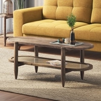 Tora Solid Wood And Cane With Glass Coffee Table In Danish Walnut Finish