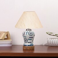Devansh Conical Off White Cotton Shade Lamp With Wood & Mosaic Glass Base For Decoration/Office/Home/Gifting/Study For Decoration/Office/Home/Gifting/Study -(10X10X14.5) Inches -A