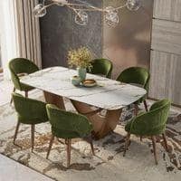 Paloma Celia 6 Seater Dining Set (Pluto Spanish Ceramic Finish, Deep Olive Velvet Colour)