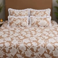 Coffee Floral 5 Pcs Super King Bedsheet Set  With 2 Pillow Covers With 2 Cushions
