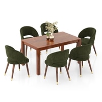 Atlas Solid Wood 6 Seater Compact Dining Table In Honey Finish With 6 Celia Dining Chair in Deep Olive Velvet Fabric