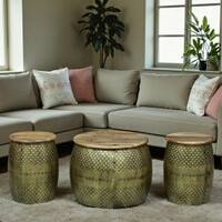 Regal Metal Coffee Table with 2 Stools in Gold Finish Set of 3