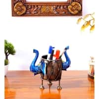 Desert Art Metal Handpainted Blue Elephant Pen Stand