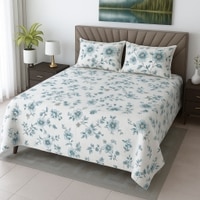 White Floral 400 TC Cotton Flat Queen Size Bedsheet With 2 Pillow Covers From Threads