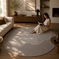 Handmade Round Wool Silk Rug Abstract Contour Taupe 7 Feet Carpet