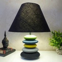 Pebble Black Green Yellow Wooden Table Lamp in Multicolor