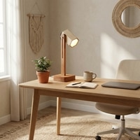 Hexspot Brown Wooden Table Lamp with Beige Wooden Lampshade