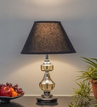 Bompton Nickel Finish Metal And Smoke Crystal Table Lamp With Black Cotton Shade
