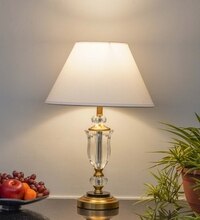 Ashurst Black & Antique Brass Finish Metal And Clear Crystal Glass Table Lamp With White Cotton Shade
