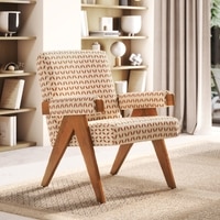 Chandigarh Fabric Lounge Chair in Amber Walnut Finish with Marigold Floral Buti Colour