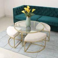 Benton Nesting Clear Glass Coffee Table Set With 4 Stools In Gold Finish