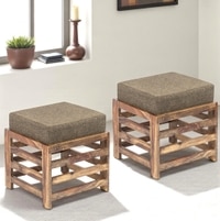 Houston Sheesham Wood Contemporary Set of 2 Stools in Jute Brown, Teak Finish