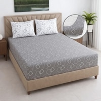 Grey And White Geometric Cotton 400 Tc fitted Double Queen Size Bedsheet With 2 Pillow Covers