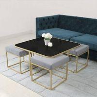 Benton Nesting Black Glass Coffee Table Set With 4 Stools In Gold Finish