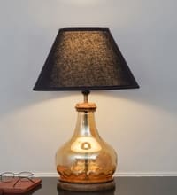 AYANA Brown Wood and Amber Glass Table Lamp with Black Cotton Shade