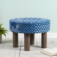 Maple Solid Wood Foot Stool in Indigo Patch Kantha Fabric