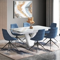Caribu 6 To 8 Extendable Dining Table With 6 Doris Swivel Accent Chairs (Chair Colour- Blue, Finish- White High Gloss)