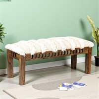 Milford Sheesham Wood Mid Century 3 Seater Bench In Beige Fabric