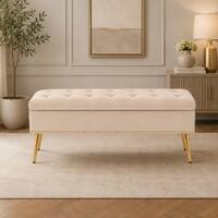 Doe Buck Velvet Tufted Storage Bench in Beige Colour with Gold Legs