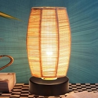 Alberto Beige Bamboo Shade Table Lamp with Black Iron Base