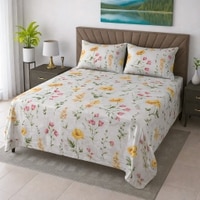 Niko White Floral 400 TC Cotton Flat Super King Size Bedsheet with 2 Pillow Covers – Threads
