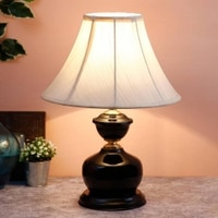 Aron Off White Fabric Shade Table Lamp with Black Iron Base