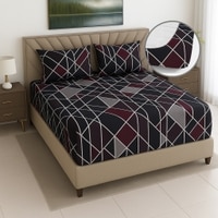 Grey Geometric 400 TC Cotton Fitted Queen Bed Size Bedsheet With 2 Pilllow Covers  Threads