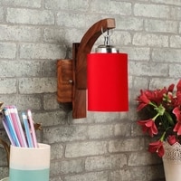 Devansh Solid Wood Electric Wall Light in Brown Colour with Red Shade Count of 1 Light