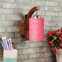 Devansh Solid Wood Electric Wall Light in Brown Colour with Pink Shade Count of 1 Light