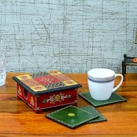 Desert Art MDF Hand Painted Red Tea Coaster Set with 6 Coasters and Holder