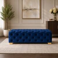 Doe Buck Velvet Tufted Bench in Blue Colour with Gold Base