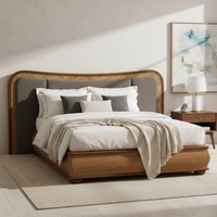 Elowen Softline Queen Size Bed in velvet With Oak wood Frame & Hydraulic Storage