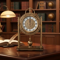 Vintage Mantel Clock Gold Metal Finish Roman Numerals Exposed Gears and Pendulum