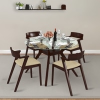 Wesley 4 Seater Round Glass Top Dining Table With 4 Thomson Chairs (Finish : Dark Walnut, Chair Colour : White)