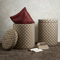 Quad Jacquard Wooden Storage Ottoman Upholstered in Cream Color Set of 2