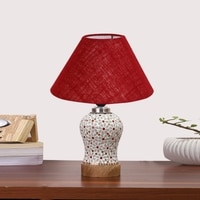 Devansh Conical Maroon Jute Shade Lamp With Wood & Mosaic Glass Base For Decoration/Office/Home/Gifting/Study For Decoration/Office/Home/Gifting/Study -(10X10X14.5) Inches -A