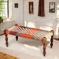 Oakville Sheesham Wood 2 Seater Maachi Bench In Assorted Multi-Colour Chindi & White Rope Canning